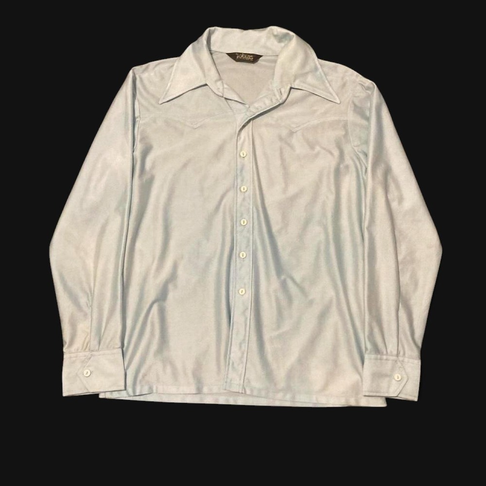 True Vintage 70s Tobias Dagger‎ collar teal western shirt polyester Mens L/22